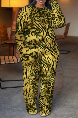 Mustard Yellow Leopard Print Round Neck Long Sleeve Sweatshirt and Sweatpants Fall Winter Two Pieces Sweatsuits Sets