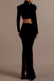 Black Hot Drill 3D Flowers Decor Turtleneck Long Sleeve Crop Tops And Slit Maxi Skirt Formal Evening Party Prom Two Pieces Dress Sets