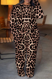 Mustard Yellow Leopard Print Round Neck Long Sleeve Sweatshirt and Sweatpants Fall Winter Two Pieces Sweatsuits Sets