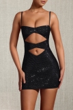 Red Hot Drill Hollow Out Backless Spaghetti Strap Formal Evening Party Prom Shimmer Bodycon Mini Dresses