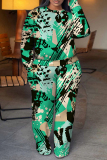 Green Graphics Print Round Neck Long Sleeve Sweatshirt and Sweatpants Plus Size Fall Winter Two Pieces Sweatsuits Sets