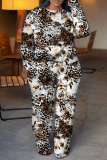 Mustard Yellow Leopard Print Round Neck Long Sleeve Sweatshirt and Sweatpants Fall Winter Two Pieces Sweatsuits Sets