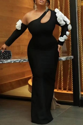 Black One Shoulder Cut-Out 3D Floral Long Sleeve Bodycon Fishtail Prom Party Maxi Dresses