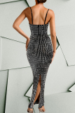 Pink Hot Drilling Backless Sleeveless Slit Formal Evening Party Prom Bodycon Shimmer Maxi Dress