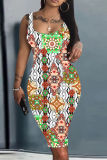 Yellow Graphics Print Sleeveless U Neck Casual Outing Plus Size Vest Midi Dresses