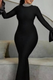 Black Hot Drill Half A Turtleneck Flare Sleeve Formal Evening Party Prom Wedding Bodycon Maxi Dresses