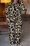 Mustard Yellow Leopard Print Round Neck Long Sleeve Sweatshirt and Sweatpants Fall Winter Two Pieces Sweatsuits Sets