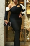 Black One Shoulder Cut-Out 3D Floral Long Sleeve Bodycon Fishtail Prom Party Maxi Dresses