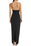 Black 3D Flowers Decor Sleeveless Backless Spaghetti Strap Slit Formal Evening Party Prom Bodycon Maxi Slip Dresses