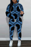 Blue Graphics Print Hooded Long Sleeve Sweatshirt And Skinny Pants Casual Two Pieces Jogger Sets