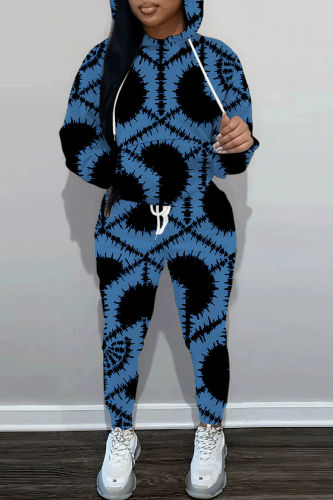 Blue Graphics Print Hooded Long Sleeve Sweatshirt And Skinny Pants Casual Two Pieces Jogger Sets