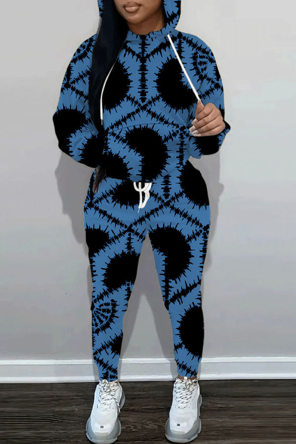 Blue Graphics Print Hooded Long Sleeve Sweatshirt And Skinny Pants Casual Two Pieces Jogger Sets