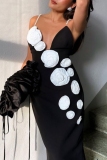 Black 3D Flowers Decor Sleeveless Backless Spaghetti Strap Slit Formal Evening Party Prom Bodycon Maxi Slip Dresses