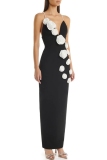 Black 3D Flowers Decor Sleeveless Backless Spaghetti Strap Slit Formal Evening Party Prom Bodycon Maxi Slip Dresses
