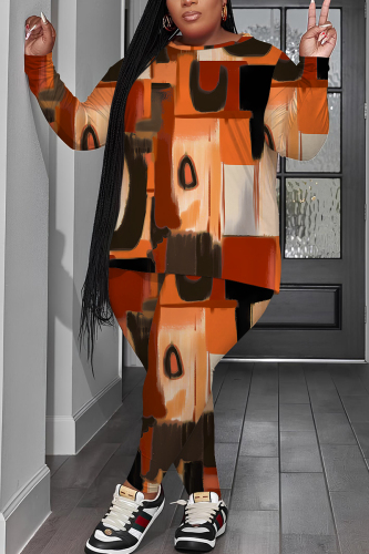 Orange Graphics Print O Neck Long Sleeve Sweatshirt And Skinny Pants Casual Two Pieces Trouser Sets