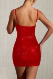 Red Hot Drill Hollow Out Backless Spaghetti Strap Formal Evening Party Prom Shimmer Bodycon Mini Dresses