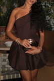 Dark Brown Sleeveless Backless Oblique Collar Formal Evening Party Prom Bubble Mini Dresses