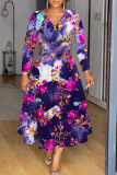 Green Floral Print V Neck Long Sleeve Plus Size Casual Vacation Maxi Dresses