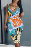 Yellow Graphics Print Sleeveless U Neck Casual Outing Plus Size Vest Midi Dresses