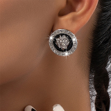 Black Gold Rhinestone Halo Round Stud Rhinestone Decor Earrings