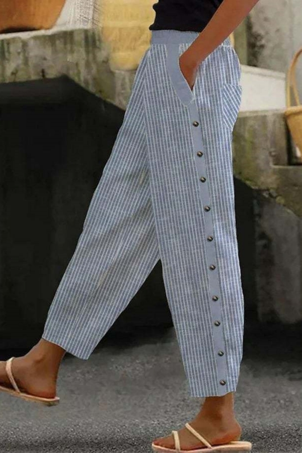 Grey Striped Print High Waist Pocket Casual Vacation Pants