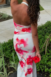 White Pink Floral Print Sleeveless Backless Halter Crop Tops And Maxi Skirt Vacation Two Pieces Dress Sets