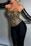 Leopard Print Backless Strapless with Black Long Gloves Night Club Tube Tops