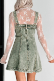 Black Sleeveless Square Neck Distressed Buttons Casual Loose Strappy Denim Vest Mini Dresses