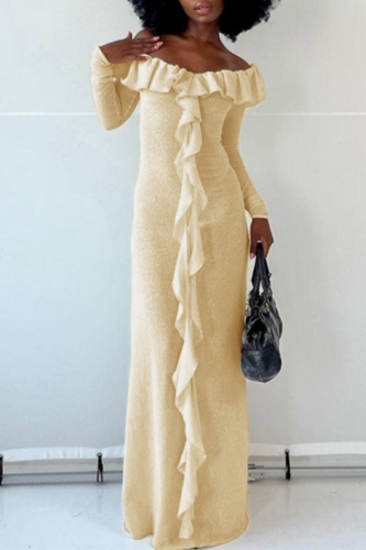 Apricot Casual Backless Off Shoulder Long Sleeve Ruffle Trim Formal Evening Party Prom Maxi Dresses