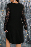 Black Deep V Neck Sheer Lace Sleeve Night Club Plus Size A Line Evening Mini Dresses
