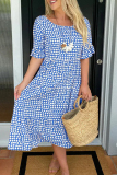 Brown Polka Dot Print O Neck Short Sleeve Casual Vacation Midi Dress