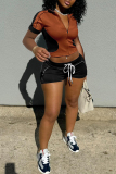 Apricot Turndown Collar Short Sleeve Zipper Belted Crop Tops And Shorts Casual Sportwear Two Pieces Shorts Sets