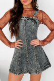 Black Sleeveless Square Neck Distressed Buttons Casual Loose Strappy Denim Vest Mini Dresses