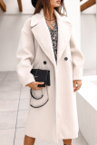 Off White Turndown Collar Long Sleeve Buttons Casual Longline Woolen Coat