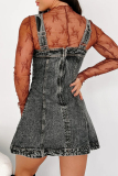 Black Sleeveless Square Neck Distressed Buttons Casual Loose Strappy Denim Vest Mini Dresses