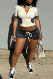 Apricot Turndown Collar Short Sleeve Zipper Belted Crop Tops And Shorts Casual Sportwear Two Pieces Shorts Sets