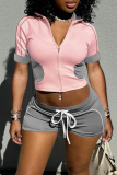 Apricot Turndown Collar Short Sleeve Zipper Belted Crop Tops And Shorts Casual Sportwear Two Pieces Shorts Sets