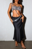 Silver Hot Drill Sleeveless Backless Oblique Collar See-Through Night Club Cami Crop Tops