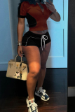 Apricot Turndown Collar Short Sleeve Zipper Belted Crop Tops And Shorts Casual Sportwear Two Pieces Shorts Sets