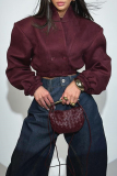 Claret V Neck Long Sleeve Buttons Casual Crop Jackets