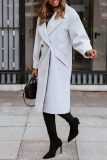 Off White Turndown Collar Long Sleeve Buttons Casual Longline Woolen Coat