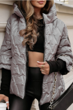 White Zipper Long Sleeve Hooded Casual Fall Winter Metallic Puffer Jacket