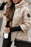 White Zipper Long Sleeve Hooded Casual Fall Winter Metallic Puffer Jacket