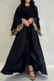 Black O Neck Wide Flare Sleeve with Leopard Ruffled Cuffs Floor Length Casual Vacation Loose Robe Maxi Dresses