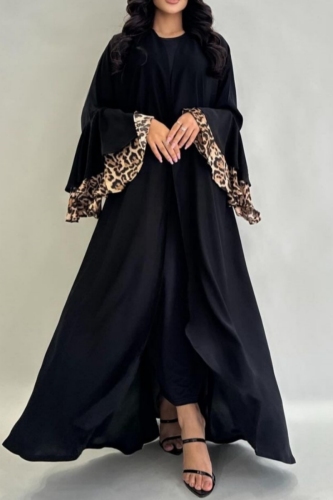 Black O Neck Wide Flare Sleeve with Leopard Ruffled Cuffs Floor Length Casual Vacation Loose Robe Maxi Dresses