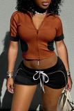 Apricot Turndown Collar Short Sleeve Zipper Belted Crop Tops And Shorts Casual Sportwear Two Pieces Shorts Sets