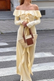Apricot Casual Backless Off Shoulder Long Sleeve Ruffle Trim Formal Evening Party Prom Maxi Dresses
