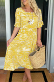 Brown Polka Dot Print O Neck Short Sleeve Casual Vacation Midi Dress