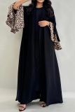 Black O Neck Wide Flare Sleeve with Leopard Ruffled Cuffs Floor Length Casual Vacation Loose Robe Maxi Dresses