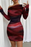 Red Tie Dye Print Oblique Collar Long Sleeve Night Club Bodycon Mini Dresses